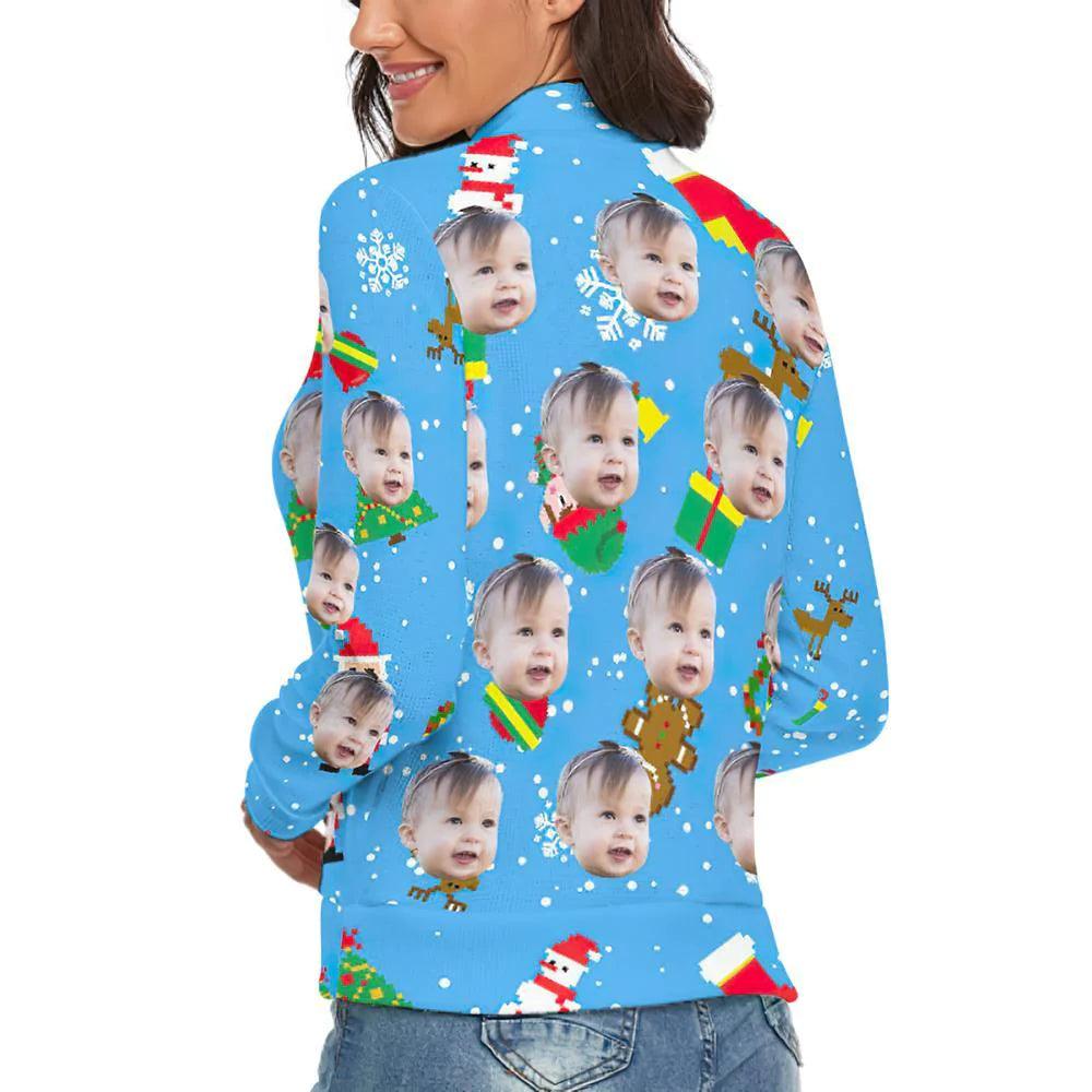 MyFaceWear Turtleneck - Custom Face Print Women's Ugly Christmas Sweater Knitted Loose Pullover Ice Blue - Unique Memento