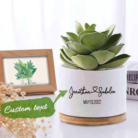 Personalized Plant Paradise - Custom Name Ceramic Succulent Pot with Drainage and Bamboo Tray - Unique Memento