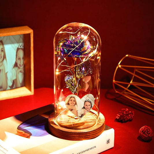 Eternal Affection: Heart-Shaped Custom Photo LED Rose Light in Glass Dome - A Timeless Symbol of Love - Unique Memento