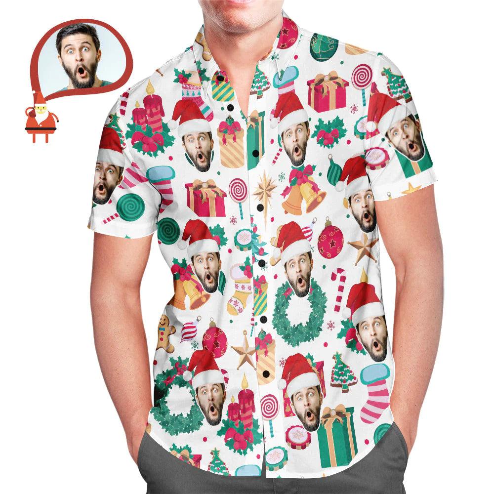 Funky Face Hawaiian - Personalized Christmas Pattern Short Sleeve Button Up Shirt for Men - Unique Memento