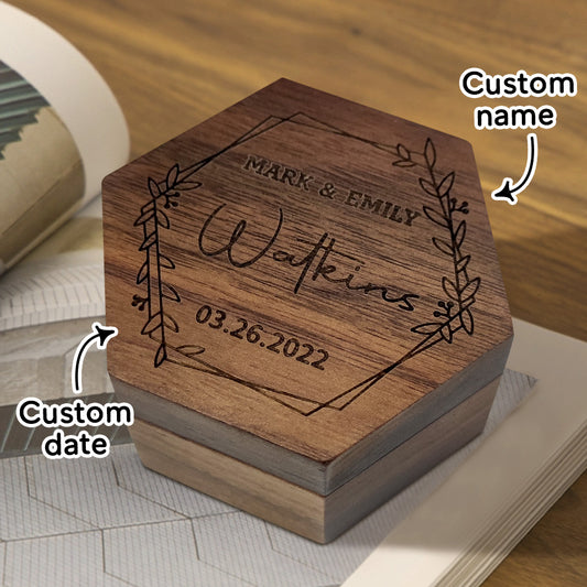 Hexalove - Personalized Hexagon Wooden Ring Box for Proposals, Engagements, and Cherished Memories - Unique Memento