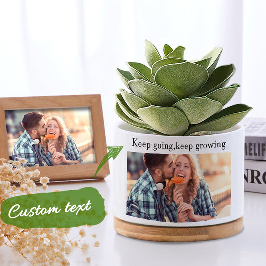 Personalized Plant Pal - Custom Photo Flower Planter Pot Ceramic Succulent Pot with Drainage and Bamboo Tray - Unique Memento