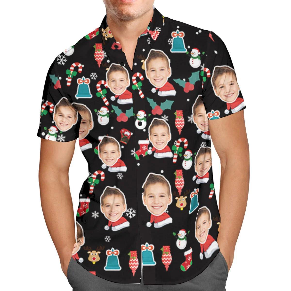 Festive Face Hawaiian Shirt - Personalized Christmas Candy Cane Holiday Gift Idea, Custom Printed Short Sleeve Button Up - Unique Memento