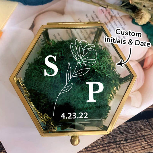 Hexagon Haven - Personalized Glass Ring Box with Custom Initials and Date UV Printed - Unique Memento