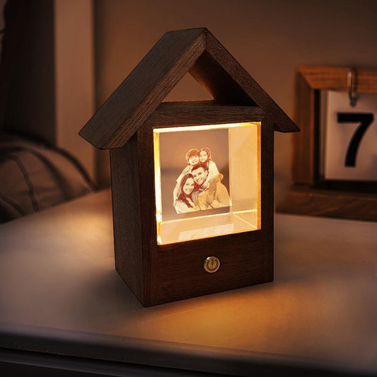 Enchanted Memories: Personalized 3D Crystal Photo Lamp - Wooden House Night Light - Unique Memento