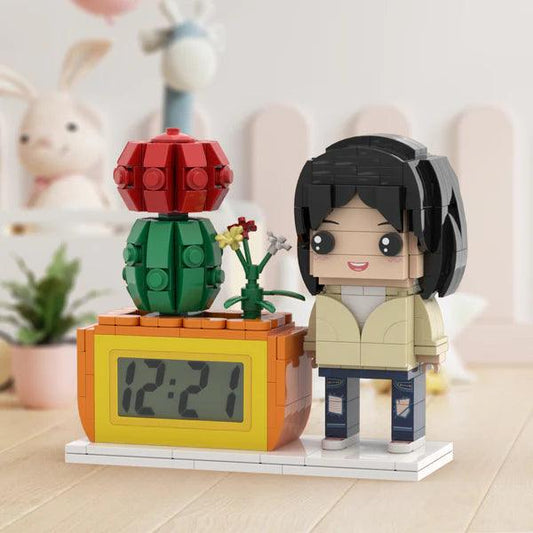 Brick Figures Clock - Personalized Gifts for Her with Custom Figures and Potted Plant - Unique Memento