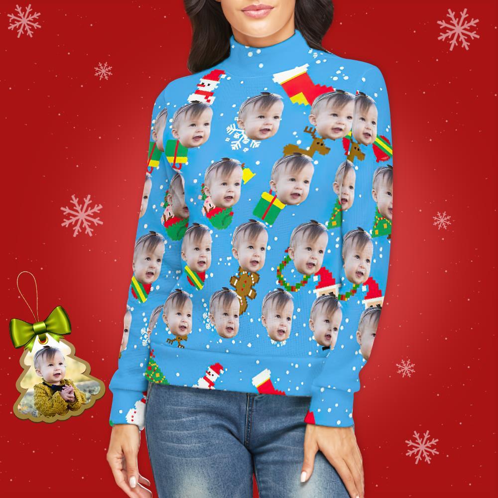 MyFaceWear Turtleneck - Custom Face Print Women's Ugly Christmas Sweater Knitted Loose Pullover Ice Blue - Unique Memento