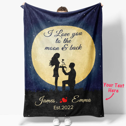 Moonlit Love - Personalized "I Love You to the Moon and Back" Custom Name Blanket, Perfect Valentine's Day Gift for Couples - Unique Memento