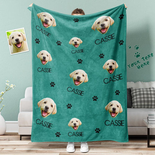 Puppy Paw Prints - Personalized Dog Face Blanket with Custom Pet Photo and Text, Cozy Mink Wool Throw for Snuggling and Gifting - Unique Memento