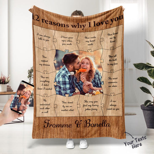 Snuggle Soulmate - Custom Photo Blanket 12 Reasons Why I Love You Personalized Text Blanket Gift for Couples, Anniversaries, and Loved Ones - Unique Memento