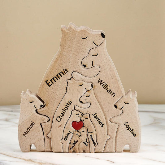 Bear Family Puzzle - Personalized Wooden Gift with Names for Home, Office, and Bar Decor - Unique Memento