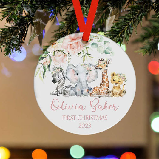 Adorable Baby's First Christmas Ornament - Personalized 2023 Keepsake with Cute Wild Animals, Custom Name Wooden Decoration - Unique Memento