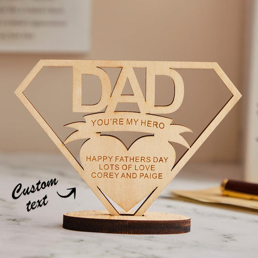 Heroic DAD Plaque - Personalized Father's Day Gift Celebrating Dad's Love, Custom Engraved Wooden Keepsake Stand - Unique Memento