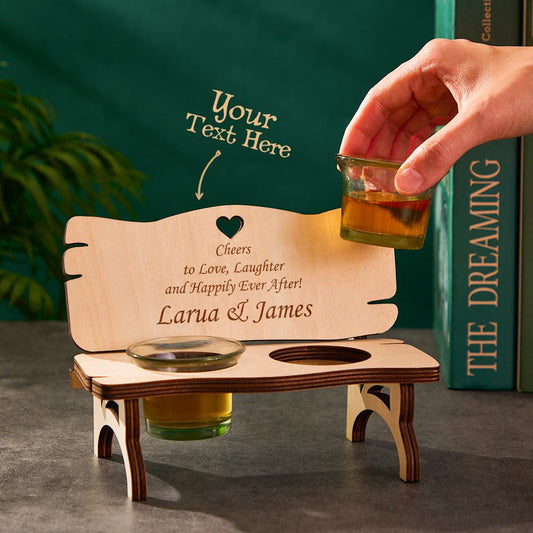 Personalized Wooden Shot Glass Bench - Custom Engraved Romantic Wedding Anniversary Gift Idea - Unique Memento