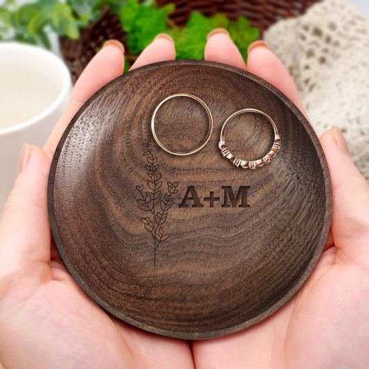 Floral Flair Ring Dish - Personalized Wooden Jewelry Tray for Engagement, Wedding, Anniversary Gifts - Unique Memento