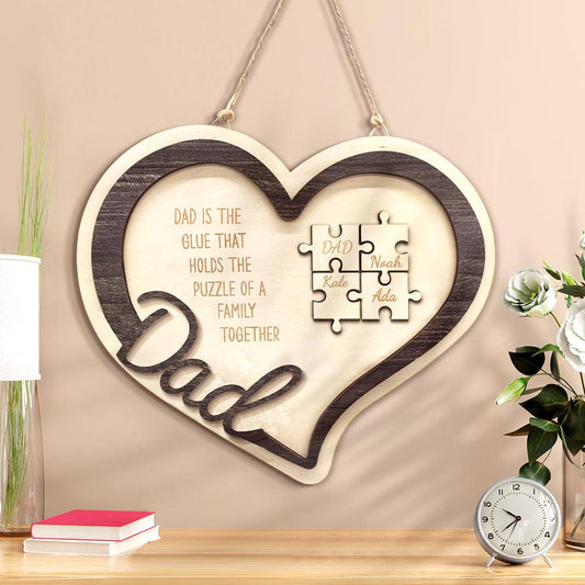 Hearty Puzzle Pop - Personalized Wooden Heart Puzzle Sign Father's Day Gift for Dad - Unique Memento