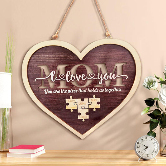 Personalized Mom Heart Puzzle Plaque - Unique Mother's Day Gift: "You Are the Piece That Holds Us Together" Custom Family Names Wood Sign - Unique Memento