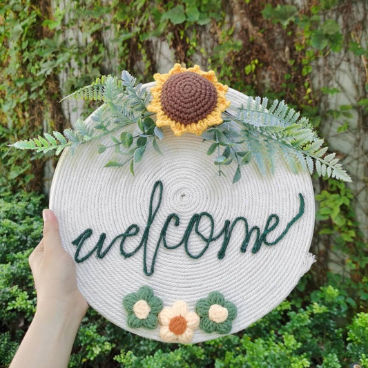 Blooming Welcome - Handcrafted Crocheted Flower Yarn Wood Door Sign Home Decor Gift - Unique Memento