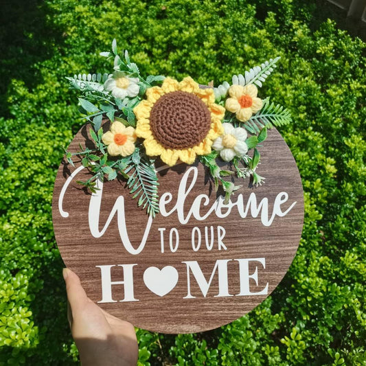 Blooming Welcome - Handcrafted Crocheted Flower Wooden Door Sign, Unique Home Decor Gift - Unique Memento