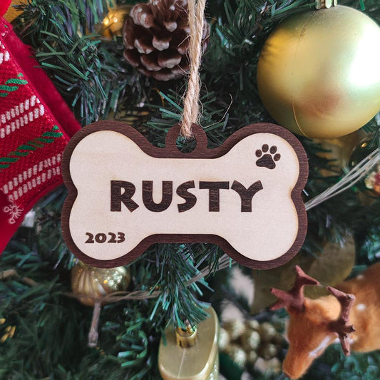Puppy's First Christmas - Personalized Dog Name Year Wooden Dog Bone Ornament Gift - Unique Memento