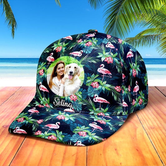 Flamingo Foto Cap - Personalized Hawaiian Style Baseball Hat with Custom Photo and Name for Her, Perfect Gift Idea for Any Occasion - Unique Memento