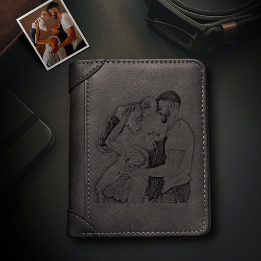 MemorWallet - Personalized Photo Engraved Leather Bifold Wallet for Men with Coin Purse & ID Window Pocket, Perfect Father's Day Gift - Unique Memento