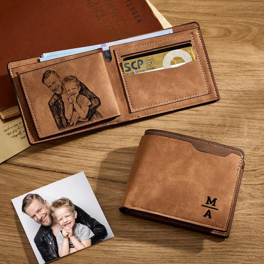LeatherLove - Personalized Unisex Bifold Leather Wallet with Custom Engraving and Photo, Perfect Father's Day Gift - Unique Memento