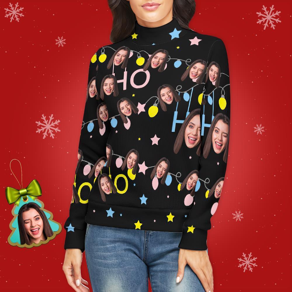 Personalized Christmas Sweater - Custom Face Turtleneck for Women, Ugly Holiday Knitted Pullovers with Festive Lights Print - Unique Memento