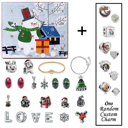 Festive Charm Bracelet Surprise - 24 Day Christmas Countdown Calendar Gift Box with Personalized Photo Charm DIY Bracelet Kit - Unique Memento