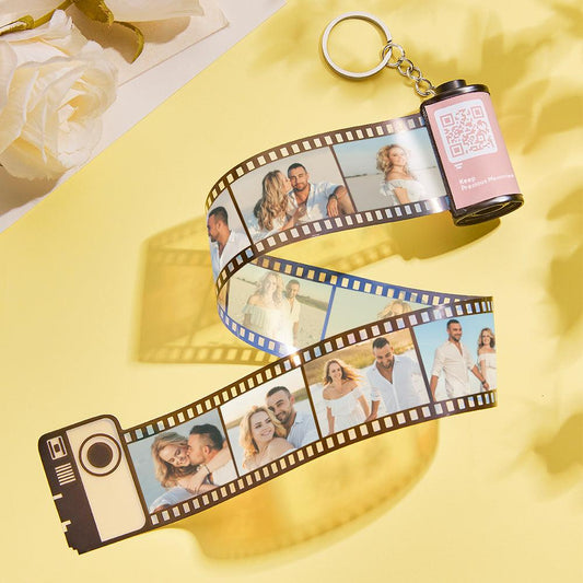 Memoria Reel - Personalized QR Code Camera Film Roll Keychain with Your Photos or Text, Unique Multiphoto Memory Keepsake Gift - Unique Memento