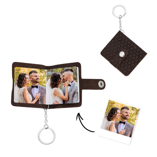 Memento Keepsake - Personalized Mini Leather Photo Album Keychain, Custom Brown Pendant, Romantic Gift Idea - Unique Memento