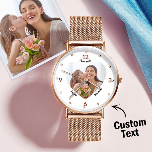 Rosamor Memoria - Personalized Rose Gold Engraved Photo Bracelet Watch for Mom, 36mm Elegant Gift - Unique Memento