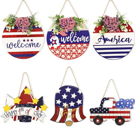Patriotic Welcome Wood Sign - Durable 4th of July Independence Day Front Door Hanger Decor Gift - Unique Memento