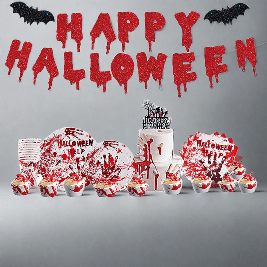 Bloody Handprints Halloween Party Set - 98pc Disposable Tableware Kit with Plates, Cups, Napkins, and Tablecloth for Spooky Indoor or Outdoor Celebrations - Unique Memento