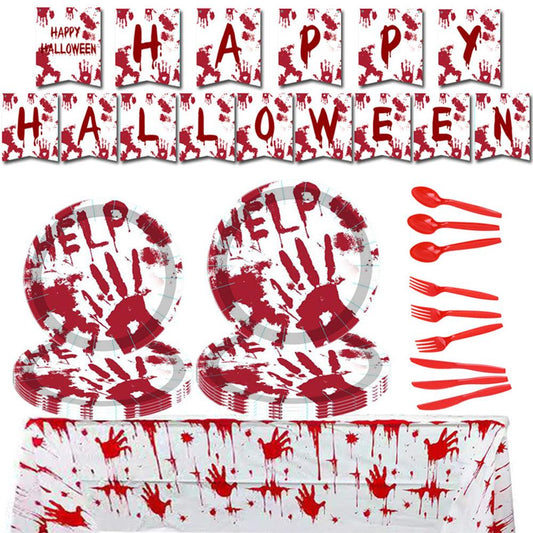 Spooktacular Soirée Set - 82-Piece Bloody Hands Halloween Party Tableware Kit for Frighteningly Festive Decorations - Unique Memento