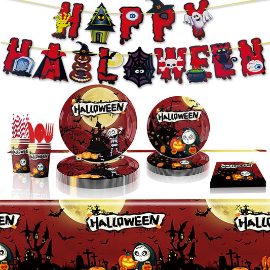 Spooktacular Soiree Set - 92pc Halloween Party Supplies Kit with Disposable Tableware & Decorative Tablecloth - Unique Memento