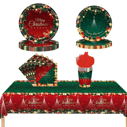Festive Feast 117pc Christmas Dinnerware Set - Disposable Xmas Themed Tableware Kit with Plates, Cups, Napkins & Cutlery for Holiday Parties & Events - Unique Memento