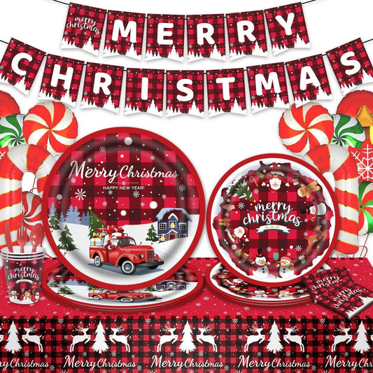 Jolly Holly Dinnerware Set - 114pc Disposable Christmas Tableware Kit for Festive Xmas Holiday Parties and Joyful Celebrations - Unique Memento