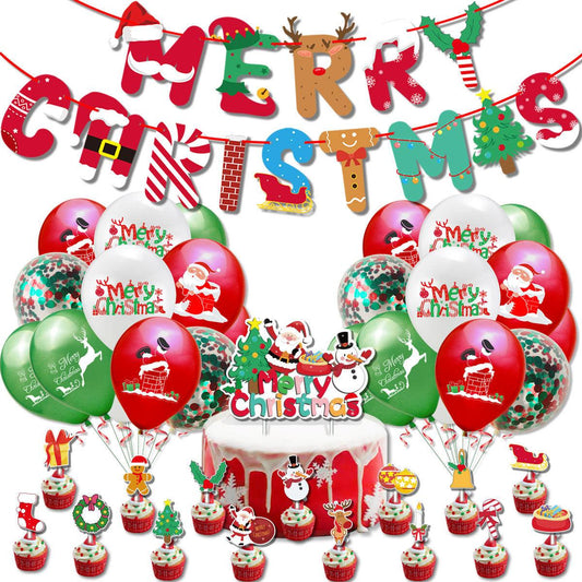 Festive Delights - Christmas Balloons Set with Banner and Cake Topper for Joyful Holiday Party Decorations - Unique Memento