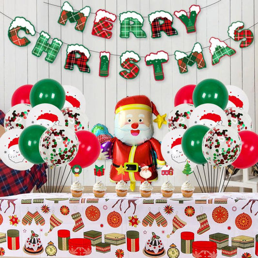 Festive Frenzy - Christmas Party Decoration Set with Balloons, Tablecloth, and Banner for Holiday Celebrations and Xmas Events - Unique Memento