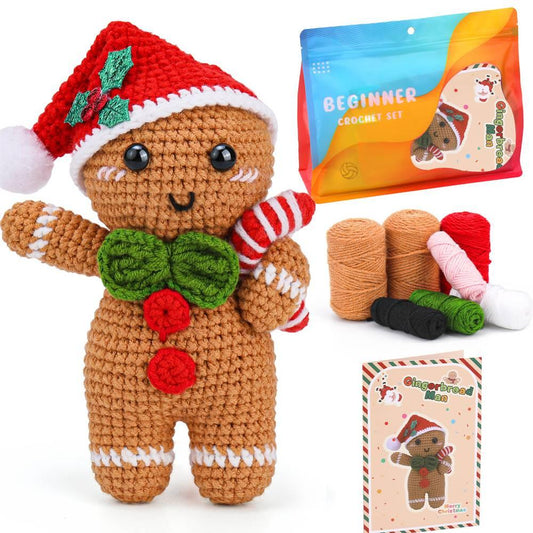 EZCrochet Gingerbread Man Kit - Christmas DIY Crochet Set for Beginners with Step-by-Step Video Tutorials, Perfect Holiday Gift for Adults and Kids - Unique Memento