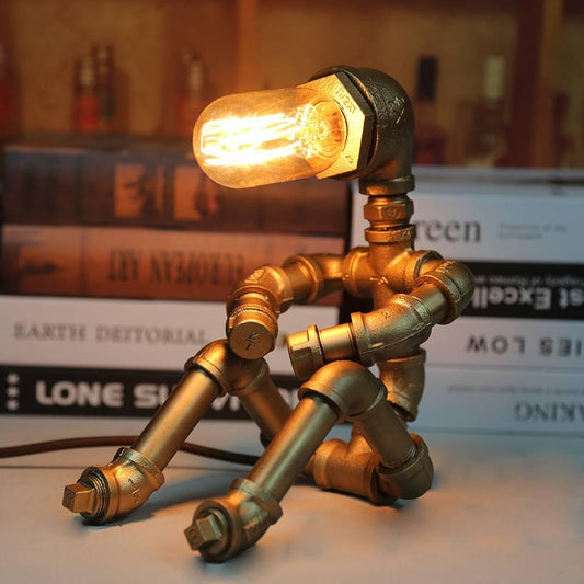 Retro Robo-Lamp - Unique Iron Tube Robot Table Lamp with Water Pipe Design for Vintage Bedroom Decor - Unique Memento