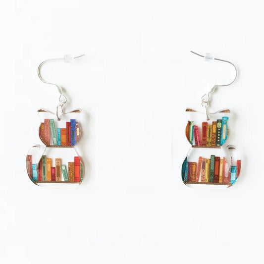 Whimsical Reads - Cat Dog Book Earrings: Funny Acrylic Bookshelf Jewelry Gift for Literature Lovers - Unique Memento
