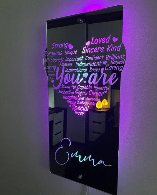 Glow-Lite Personalized Name Mirror - Custom Engraved LED Light-Up Affirmation Heart Mirror for Kids' Bedroom Decor - Unique Memento