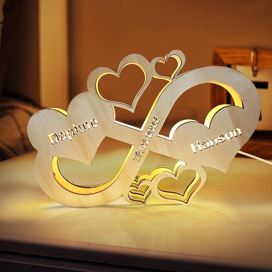 Infinity Love Lamp - Personalized Wooden Night Light with Engraved Names and Date for Couples - Unique Memento