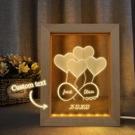 Eternal Luminescence: Custom Infinity 3D Heart Lamp with Personalized Wooden Frame - A Celestial Light of Love - Unique Memento