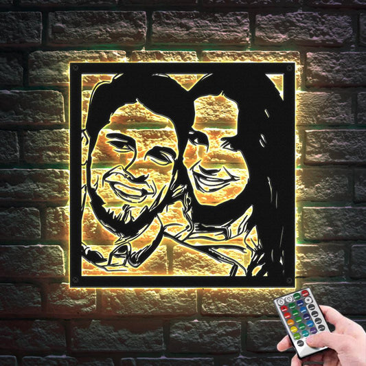 GlowPic - Personalized Couple Portrait Metal Wall Art with LED Lights, Custom Photo Decor Gift for Lover's Home - Unique Memento