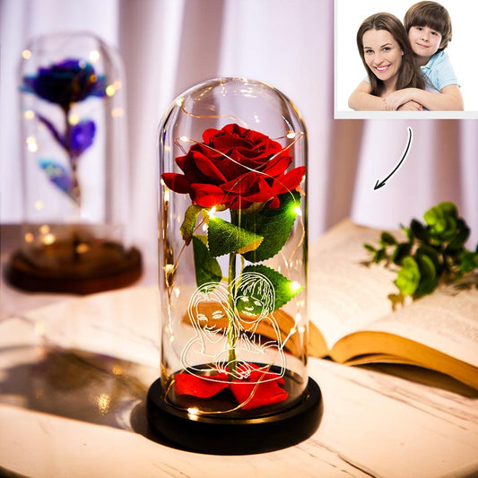 Eternal Embrace: Custom Line Drawing LED Night Light with Red Rose Dome - A Timeless Symbol of Love - Unique Memento