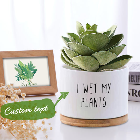Verdant Verse - Personalized Ceramic Succulent Planter Pot with Custom Text and Bamboo Drain Pan - Unique Memento