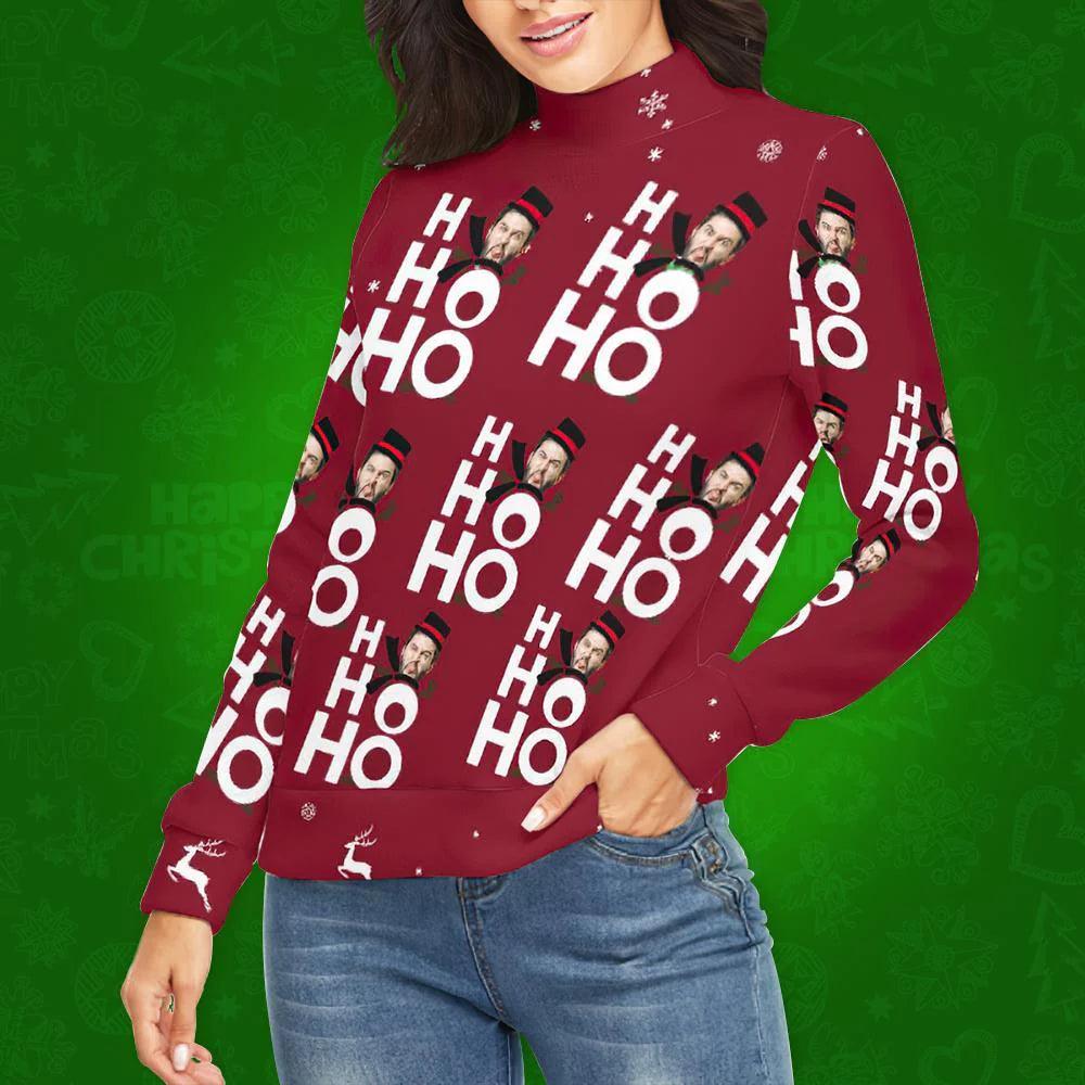 Personalized Ho Ho Ho Face Sweater - Custom Printed Ugly Christmas Turtleneck Pullover for Women, Loose Knit Lightweight - Unique Memento